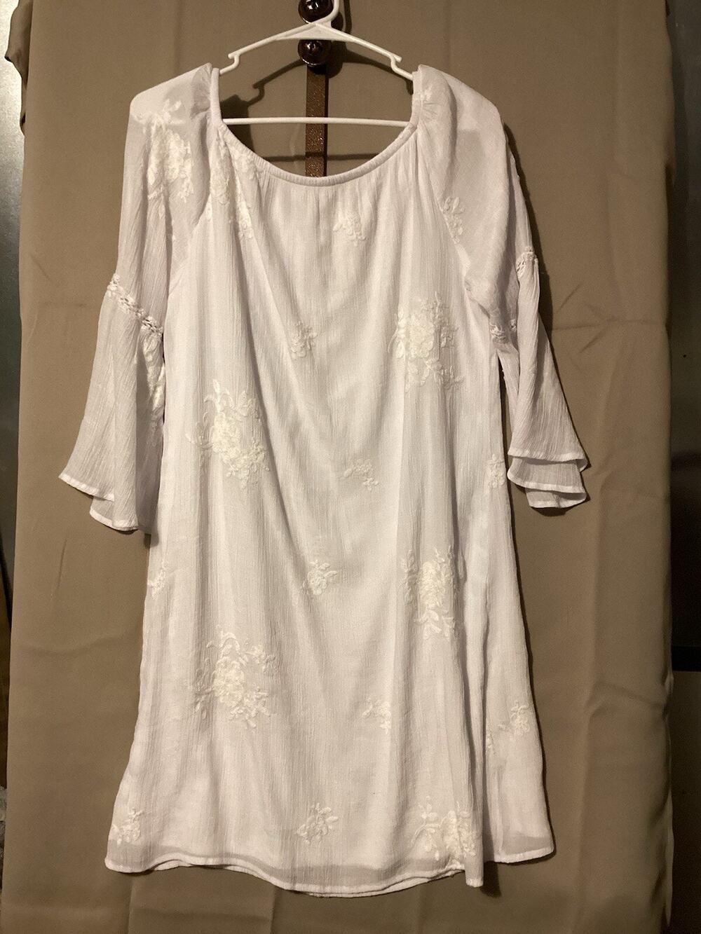 Hope Springs Sheer Fluted Sleeves Cottage-core Prairie Shirt Dress White Large